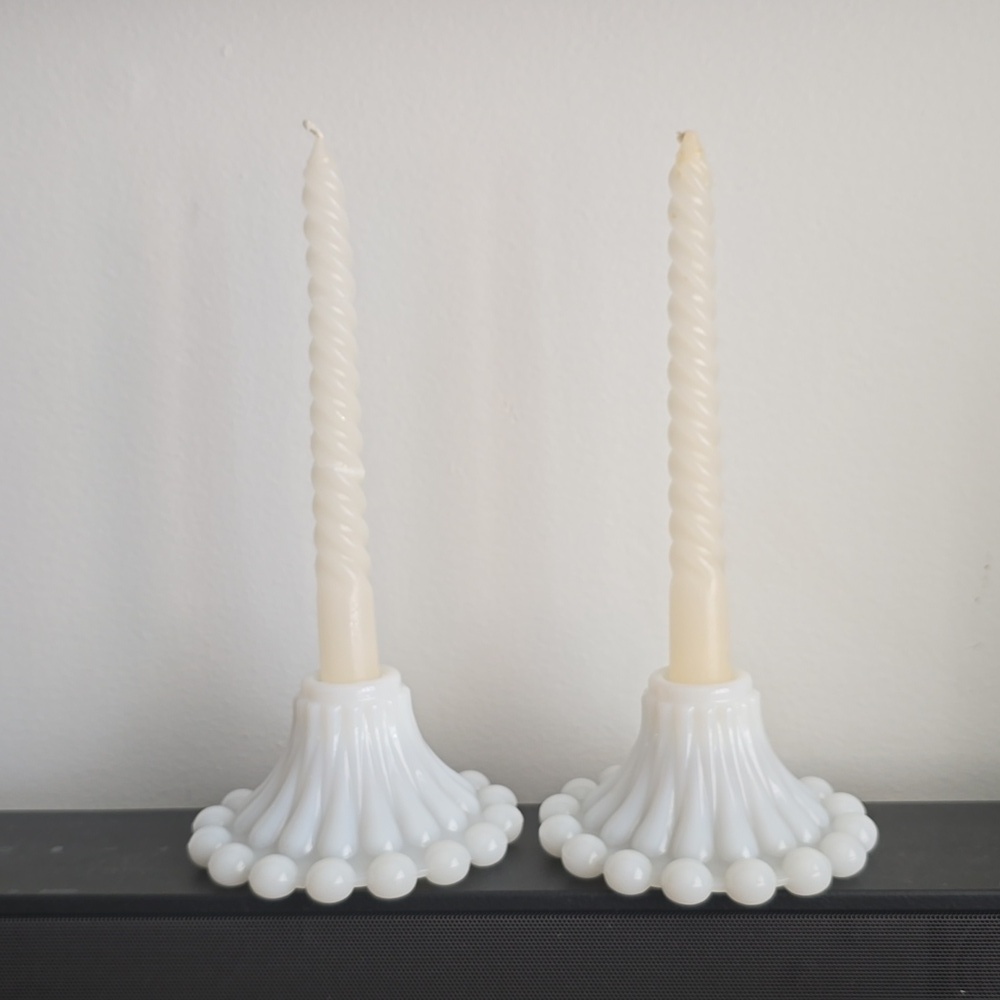 Vintage White Boopie Milk Glass Candle Holders - Set of two